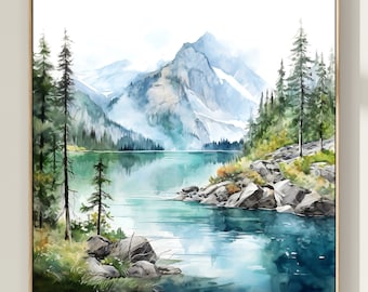 Aquarel schilderij van een bergmeer, natuur, vierkante print, groenblauwe muurdecoratie, neutrale landschapsposter