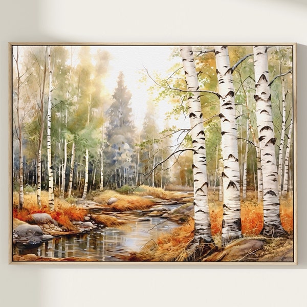 Watercolor Forest Stream Print, Aspen Forest Creek Art, Autumn Watercolor Creek, Watercolor Poster, Home Decor Gift Art