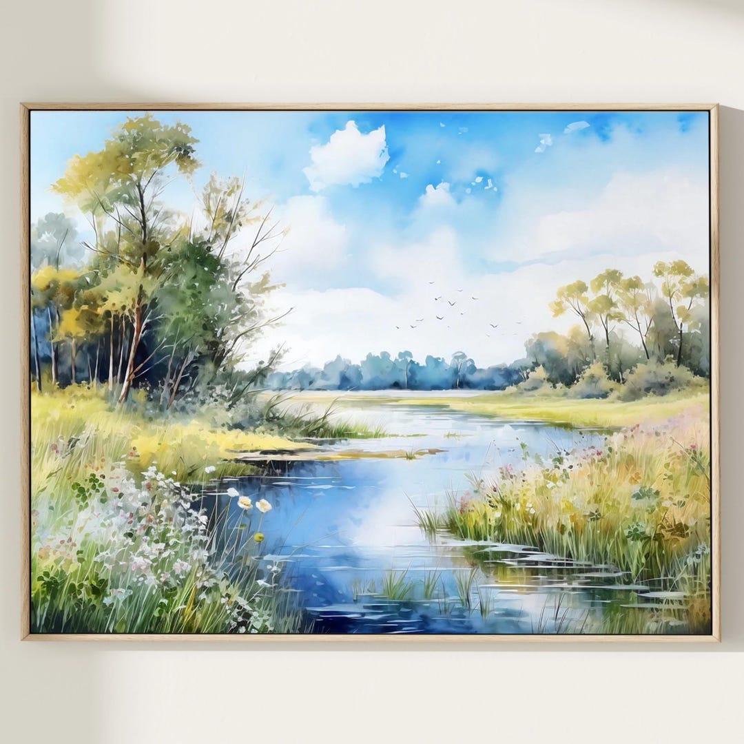 River Landscape Watercolor Print: Panoramic Greenery Art - Etsy