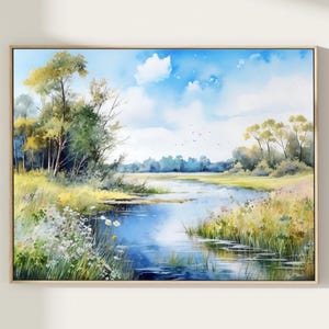 River watercolor landscape print large painting green poster panoramic landscape flowers painting fine art print home decor gift