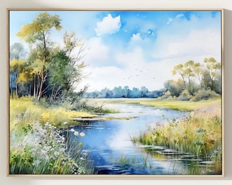 River Landscape Watercolor Print: Panoramic Greenery Art