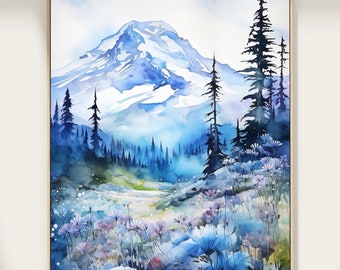 Mount Rainier Watercolor Print: Washington National Park Art