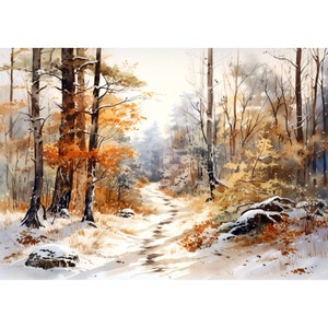 Erster Schnee Aquarell Malerei Kunst Druck, Winterwald große Wandkunst, Winterlandschaft Poster, Wohnkultur Geschenk Kunst