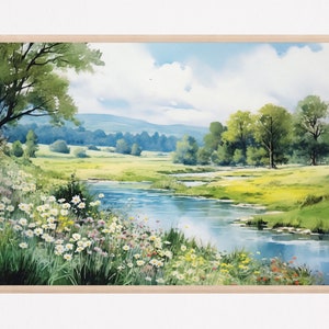 River watercolor landscape print large painting green poster panoramic landscape flowers painting fine art print