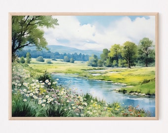 River watercolor landscape print large painting green poster panoramic landscape flowers painting fine art print