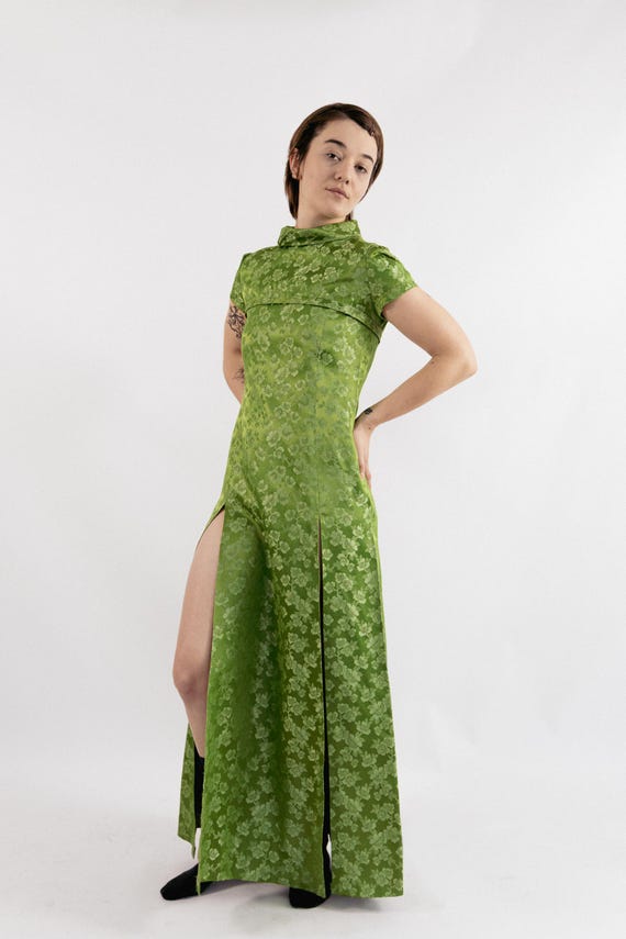 pickle green dress 1960s Brocade Maxi – Handmade Theatre Costume Size S long sleeve homecoming dresses