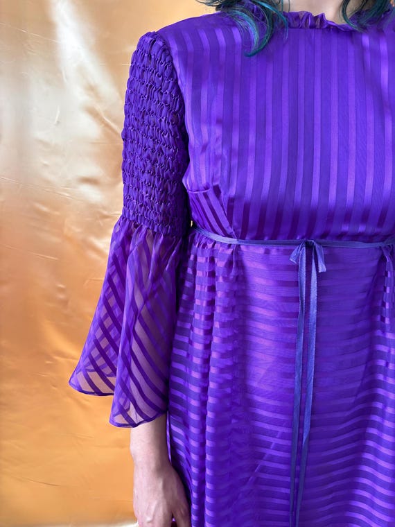 VTG 60s 70s WHITE PURPLE RED GREEN FLORAL RICRAC SHEER CAPE SLEEVE MAXI DRESS 8