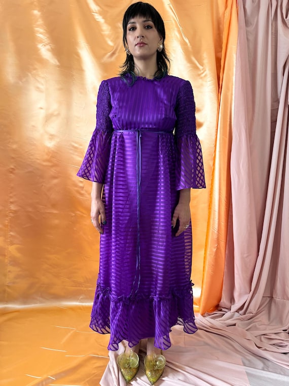 purple dress with bell sleeves Vintage 70s Purple Taffeta Maxi Dress: Bell Sleeves, Glam Statement Piece  (size XXS)