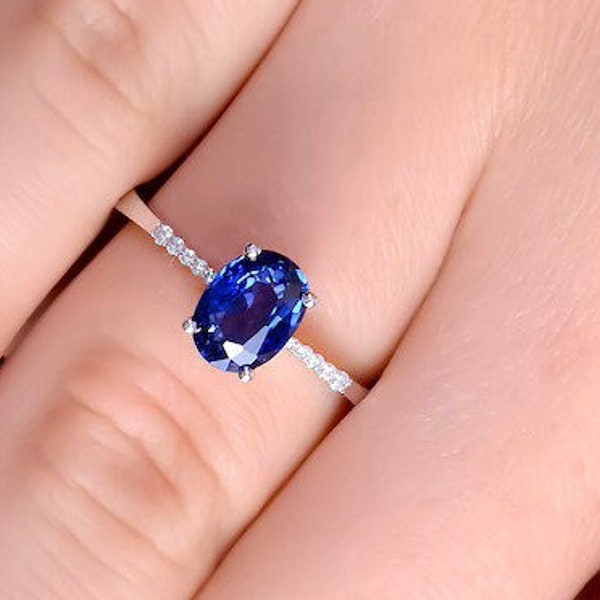 oval cut solitaire lab blue sapphire engagement ring - wedding ring - CZ diamond ring - dainty staking ring - gift for her - 925 silver ring