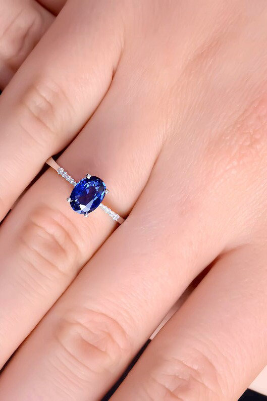 oval cut solitaire lab blue sapphire engagement ring - wedding ring - CZ  diamond ring - dainty staking ring - gift for her - 925 silver ring