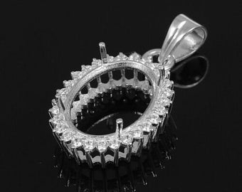 925 sterling silver oval shape semi mount pendant - pre notched pendant - CZ studded pendant - pendant bezel blanks - pendant supplies