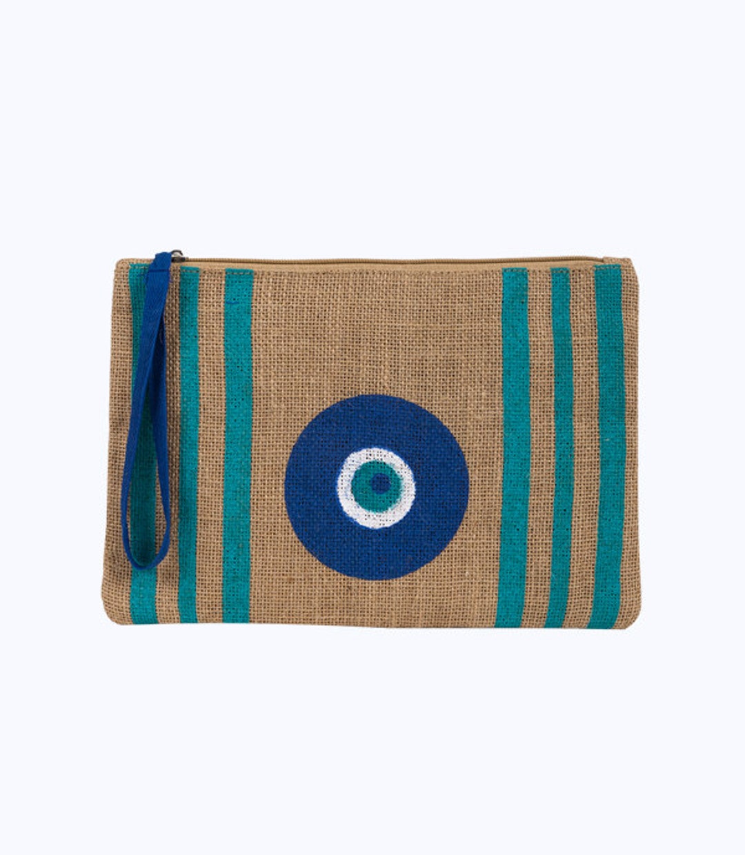 Hand Made Clutches Natural With Vertical Sea Blue Stripes Ideal for Gift or Bachelorette Gift