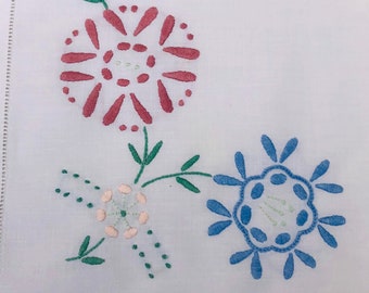 Vintage Embroidered Tray Cloth: Hand-stitched Floral Design