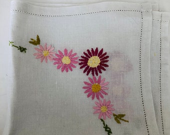 Vintage Linen Tray Cloth with Hand Embroidered Flowers