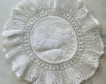 1970s Crocheted Floral Linen Doily - Vintage Handmade Textile