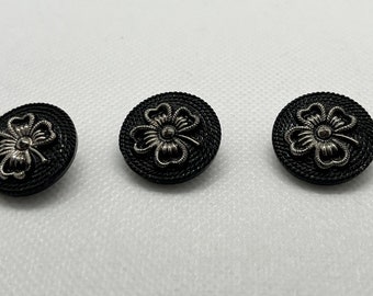 Vintage 1960s Four Leaf Clover Buttons, Black & Silver, Set of 3