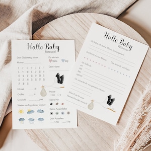Ratespiel & Wünsche-Karten Set Babyparty mit Storch
