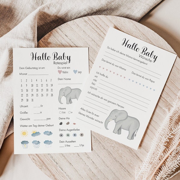 Ratespiel & Wünsche-Karten Set Babyparty Elefant