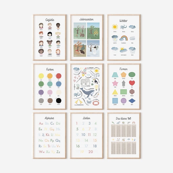 Lernposter Set | Montessori Kinder Poster (Gefühle, Jahreszeiten, Formen, Wetter, Farben, Affirmationen, Alphabet, Zahlen, 1mal1)