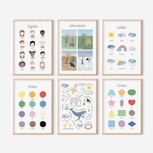 Learning poster SET of 2 | Montessori Kids Poster Bundle (Feelings, Seasons, Shapes, Weather, Colors, Affirmations)