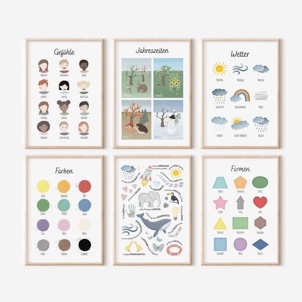 Lernposter 2er SET | Montessori Kinder Poster Bundle (Gefühle, Jahreszeiten, Formen, Wetter, Farben, Affirmationen)