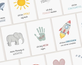 Puede incluir: Un conjunto de 10 tarjetas ilustradas con afirmaciones positivas para niños. Cada tarjeta presenta una ilustración diferente, como un sol, una ballena, un elefante, una mano, un cohete, un corazón, un salvavidas, una bombilla, huellas y viento. El texto en cada tarjeta está en alemán.