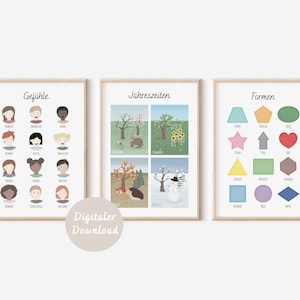 Learning poster SET OF 3 | Feelings, seasons, shapes | Montessori Kids Poster Bundle | DIGITAL DOWNLOAD