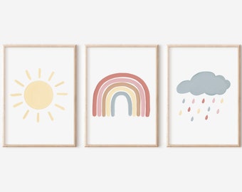 Poster 3er Set Regenbogen Wolke Sonne | Boho Kinderzimmer Bild