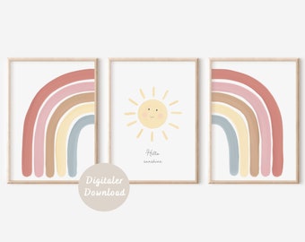 Poster 3er Set Regenbogen Sonne | Boho Kinderzimmer Bild | DIGITALER DOWNLOAD