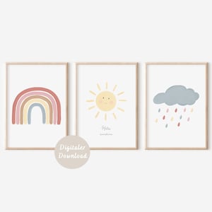 Poster 3er Set Regenbogen Wolke Sonne | Boho Kinderzimmer Bild | DIGITALER DOWNLOAD