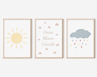 Poster set of 3 Little Miracle Cloud Sun | Boho children's room picture