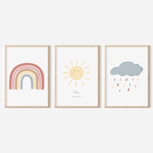 Poster 3er Set Regenbogen Wolke Sonne | Boho Kinderzimmer Bild