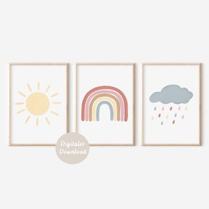 Poster 3er Set Regenbogen Wolke Sonne | Boho Kinderzimmer Bild | DIGITALER DOWNLOAD