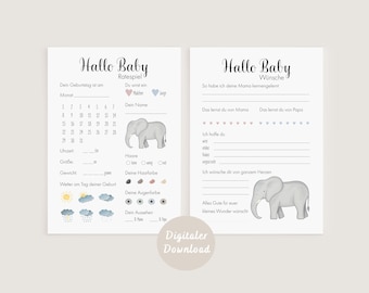 Guessing game & wishes cards baby shower elephant | DIGITAL DOWNLOAD