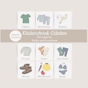 Może przedstawiać: Dziewięć drukowanych etykiet do szafy do organizacji ubrań. Etykiety przedstawiają ilustracje różnych elementów garderoby, w tym koszulek, piżam, biżuterii, swetrów, body, spodni, butów, odzieży przeciwdeszczowej i bikini. Etykiety są przeznaczone do samodzielnego wykonania i nadają się zarówno dla dzieci, jak i dorosłych.