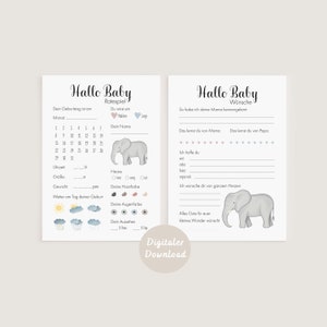 Gioco d'indovinelli e biglietti d'auguri baby shower elefante | DOWNLOAD DIGITALE