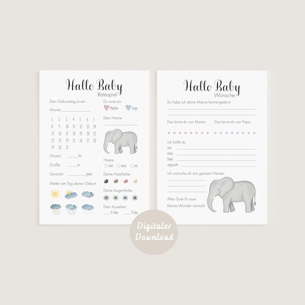 Ratespiel & Wünsche-Karten Babyparty Elefant | DIGITALER DOWNLOAD
