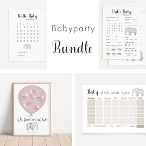 Bundle Babyparty Elefant | Gästebuch-Bild + Ratespiel / Wünschekarte + Baby Stadt Land Fluss Block + Baby Countdown