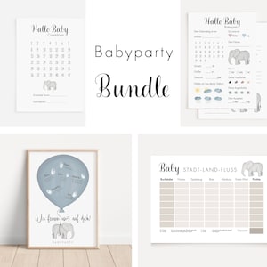 Bundle Babyparty Elefant | Gästebuch-Bild + Ratespiel / Wünschekarte + Baby Stadt Land Fluss Block + Baby Countdown