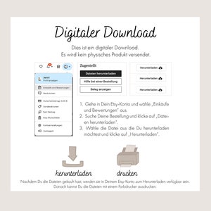 May include: A digital download instruction guide with a white background and blue text. The guide explains how to download digital files purchased on Etsy. The guide includes a screenshot of the Etsy website and instructions on how to download files. The guide also includes a download and print icon.