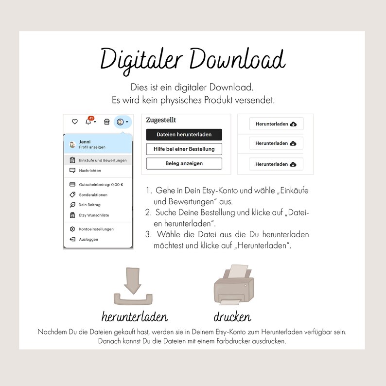 May include: A digital download instruction guide with a white background and blue text. The guide explains how to download digital files purchased on Etsy. The guide includes a screenshot of the Etsy website and instructions on how to download files. The guide also includes a download and print icon.