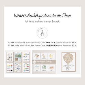 May include: A digital image showing a variety of printable educational resources for children. The image includes a set of flashcards with colorful illustrations, a set of routine cards for toddlers, and a printable poster with a balloon and elephants. The text on the image reads "Weitere Artikel findest du im Shop" and "Ich freue mich auf deinen Besuch."  The text also includes the words "SALE3FOR15" and "SALE5FOR20" which are discount codes for purchasing multiple items.