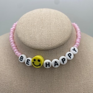 Necklace with Letter Charms “Be Happy” Czech Beads and Polymer Clay Happy Face. Ready to ship. Gifts for her. Color Customized Gift.Handmade