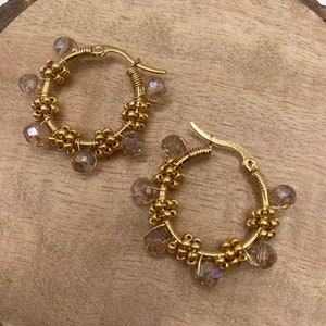 Beaded Hoop Earrings with Crystals and Gold Czech Beads. Gifts for her. Ready to ship. Affordable gifts. Elegant Earrings. Jewelry for women