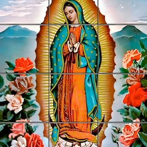 Arte mural católico, mural de azulejos de Nuestra Señora de Guadalupe, decoración de pared con la Virgen María, adecuado para uso en interiores y exteriores.