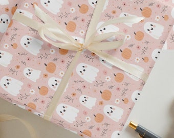 Papel de embrulho com estampa de fantasma e abóbora estilo boho - Fundo rosa claro | Conjunto de 3 folhas foscas | Embalagem de presente elegante e divertida