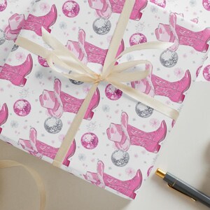 Pink Cowgirl Boot & Hat Wrapping Paper | Disco Ball Theme | Matte Finish | Set of 3 Premium Sheets
