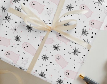 Boho Ghosts & Spider Webs Wrapping Paper | Halloween Gift Wrap | Set of 3 Premium Sheets