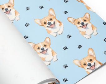 Corgi Wrapping Paper Sheets, Watercolor Dog Pattern with Black Paw Prints, Set of 3