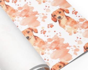 Dachshund Wrapping Paper Sheets, Pastel Orange Watercolor Dog Pattern with Paw Prints, Set of 3